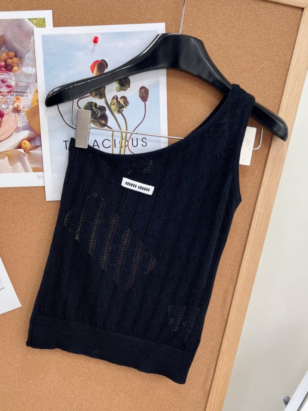 Miu Miu Black Open Knit Sleeveless Cropped Tank Top Logo Label